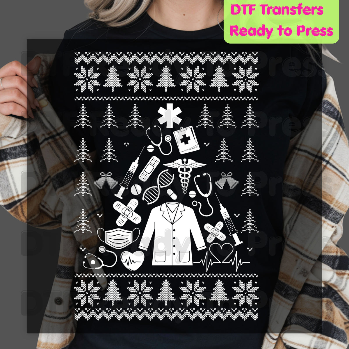 Medical Christmas Ugly Sweater DTF Transfers, Nurse Doctor Lab Coat Stethoscope Holiday Ready to Press