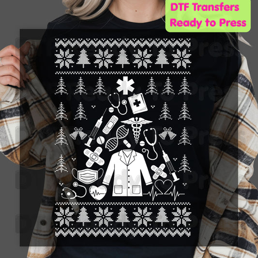 Medical Christmas Ugly Sweater DTF Transfers, Nurse Doctor Lab Coat Stethoscope Holiday Ready to Press