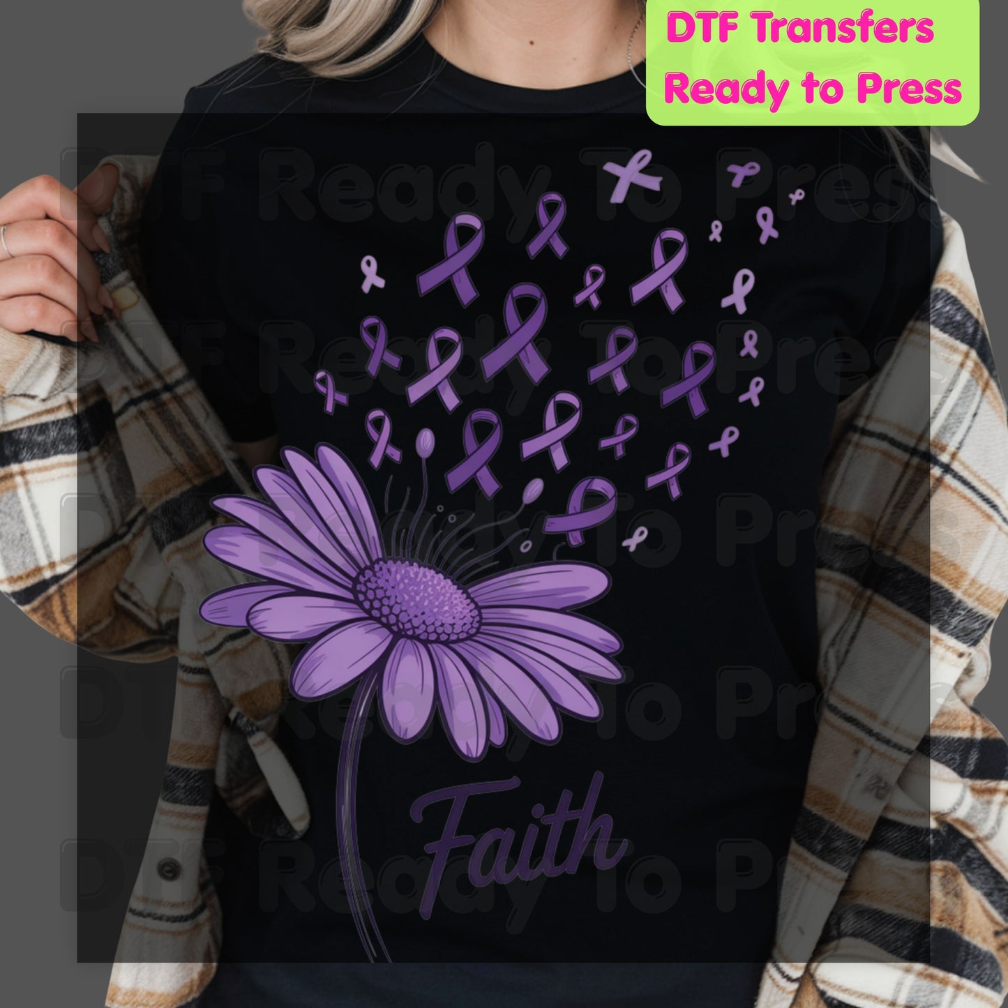 Faith Ribbon DTF Transfer Breast Cancer Awareness Brush Strokes Heat Transfer Ready to Press Tee Print Direct to Film