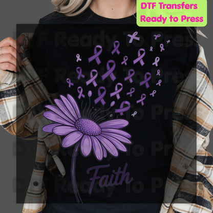 Faith Ribbon DTF Transfer Breast Cancer Awareness Brush Strokes Heat Transfer Ready to Press Tee Print Direct to Film