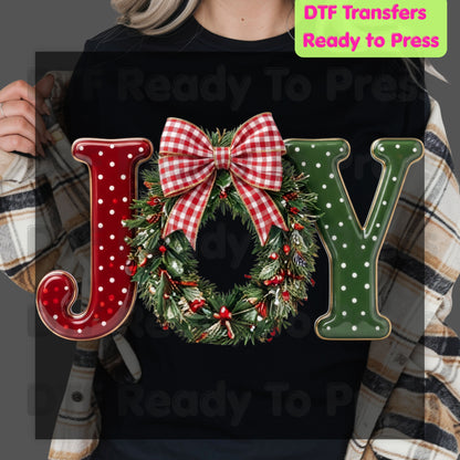 Joy Christmas DTF Transfers, Wreath Plaid Bow Polka Dot Letters Festive Holiday Ready to Press