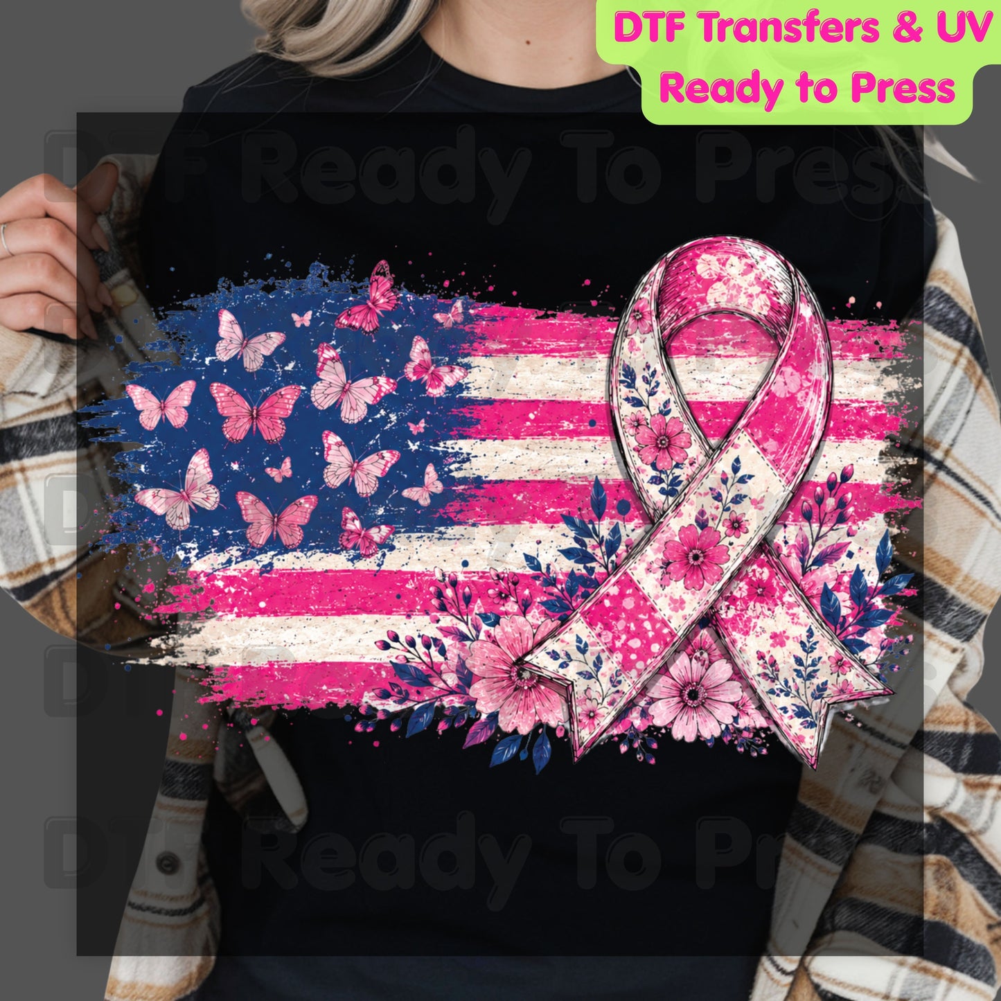 American Flag Pink Ribbon Butterfly Breast Cancer Awareness DTF Transfer Ready to Press Heat Transfer Tee