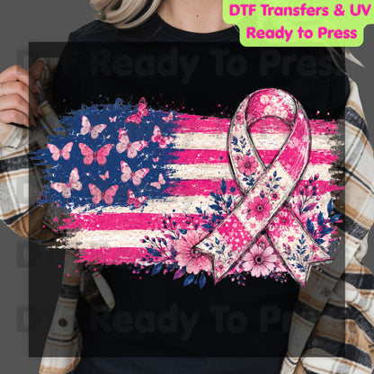 American Flag Pink Ribbon Butterfly Breast Cancer Awareness DTF Transfer Ready to Press Heat Transfer Tee