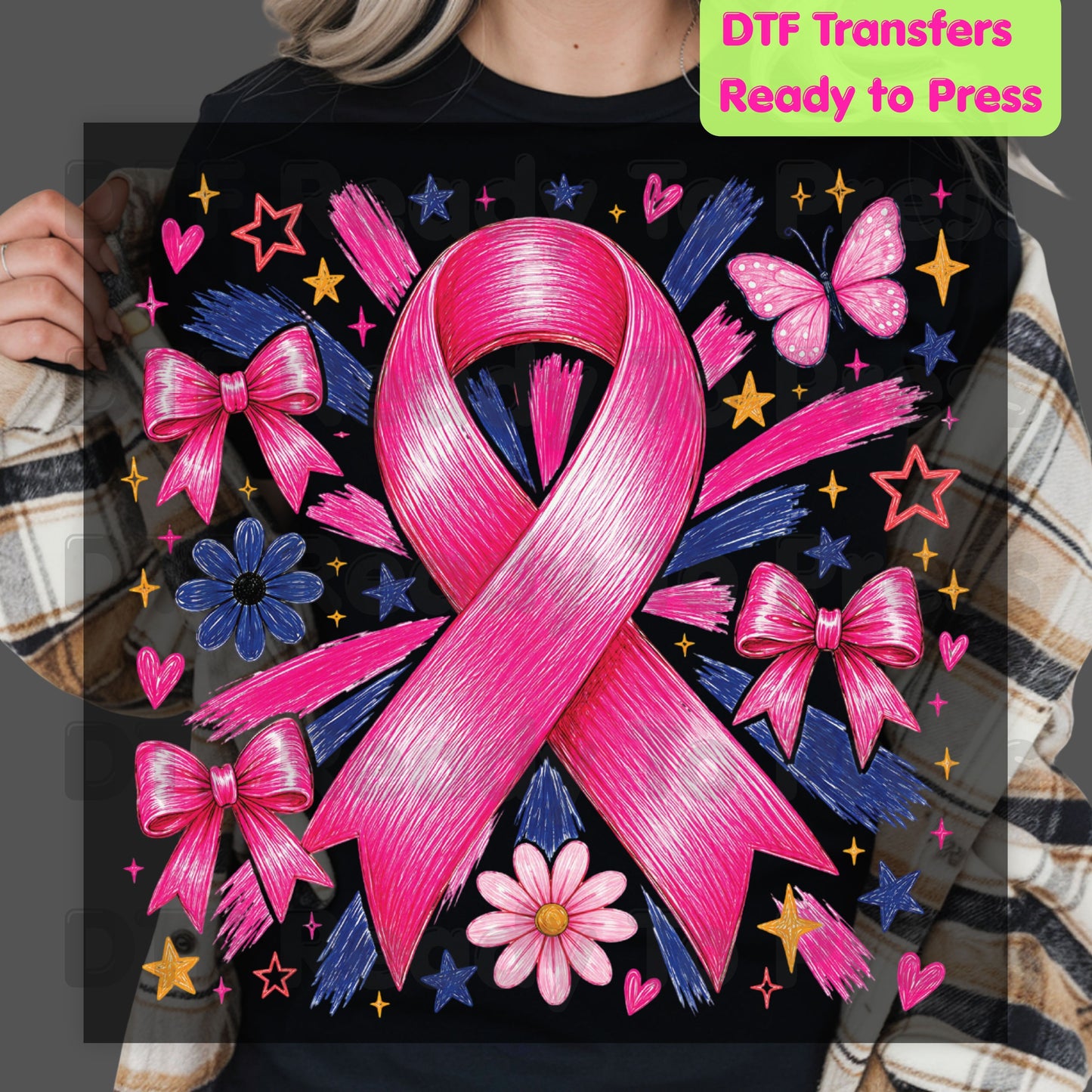 Breast Cancer DTF Transfer Ready to Press Pink Ribbon Bows Butterfly Flowers Awareness Heat Transfer Tee Print Direct to Film