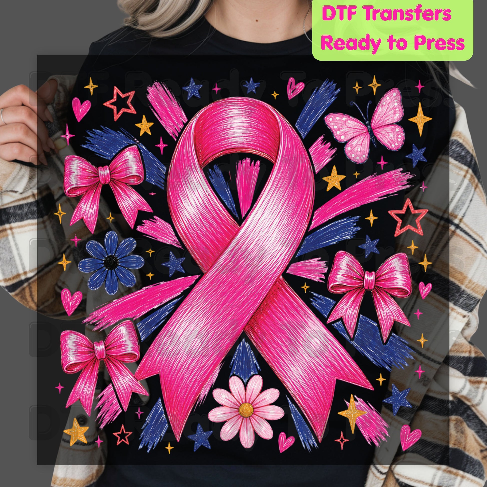 Breast Cancer DTF Transfer Ready to Press Pink Ribbon Bows Butterfly Flowers Awareness Heat Transfer Tee Print Direct to Film