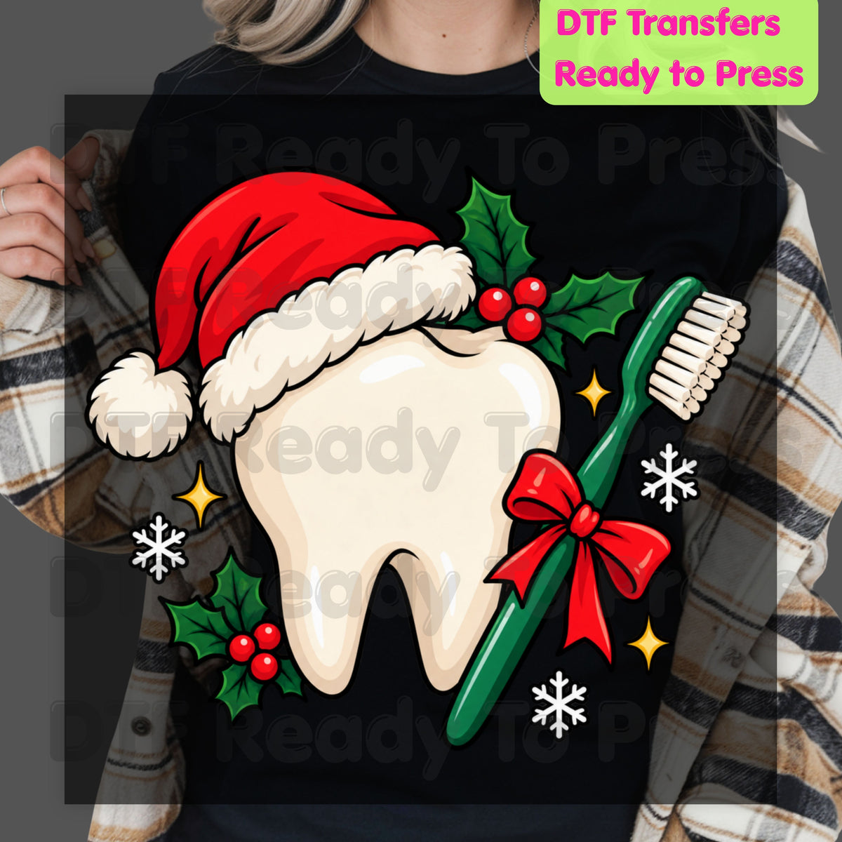 Christmas Tooth Santa Hat DTF Transfers, Dental Holiday Toothbrush Dentist Graphic Ready to Press