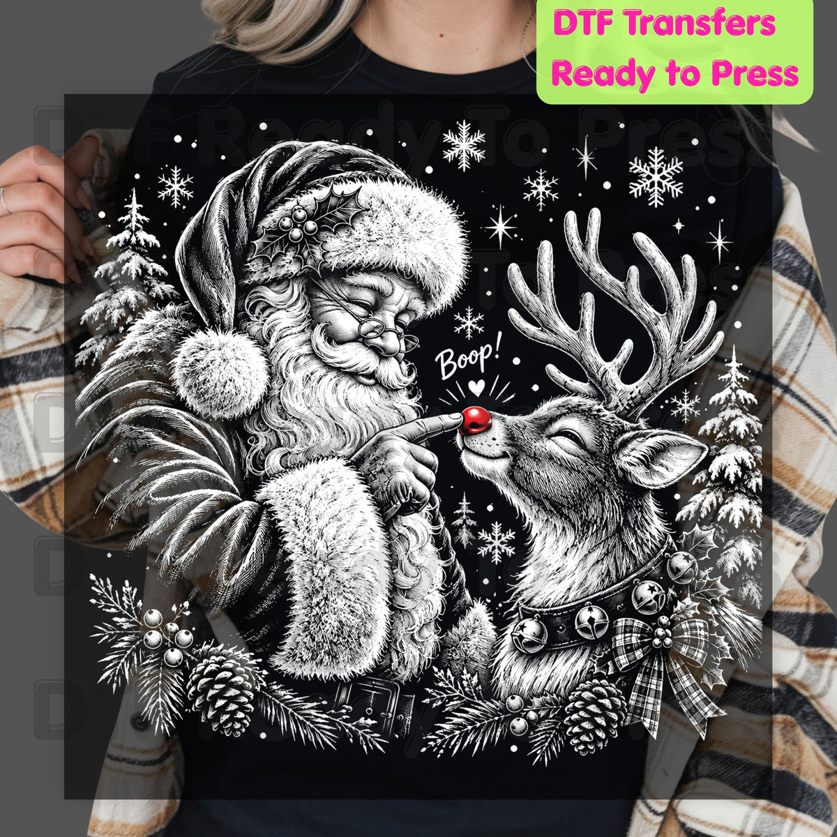 Christmas DTF Transfer, Vintage Santa Claus and Red Nose Reindeer Sketch
