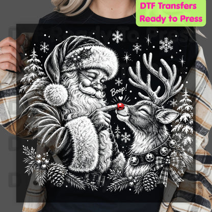 Christmas DTF Transfer, Vintage Santa Claus and Red Nose Reindeer Sketch