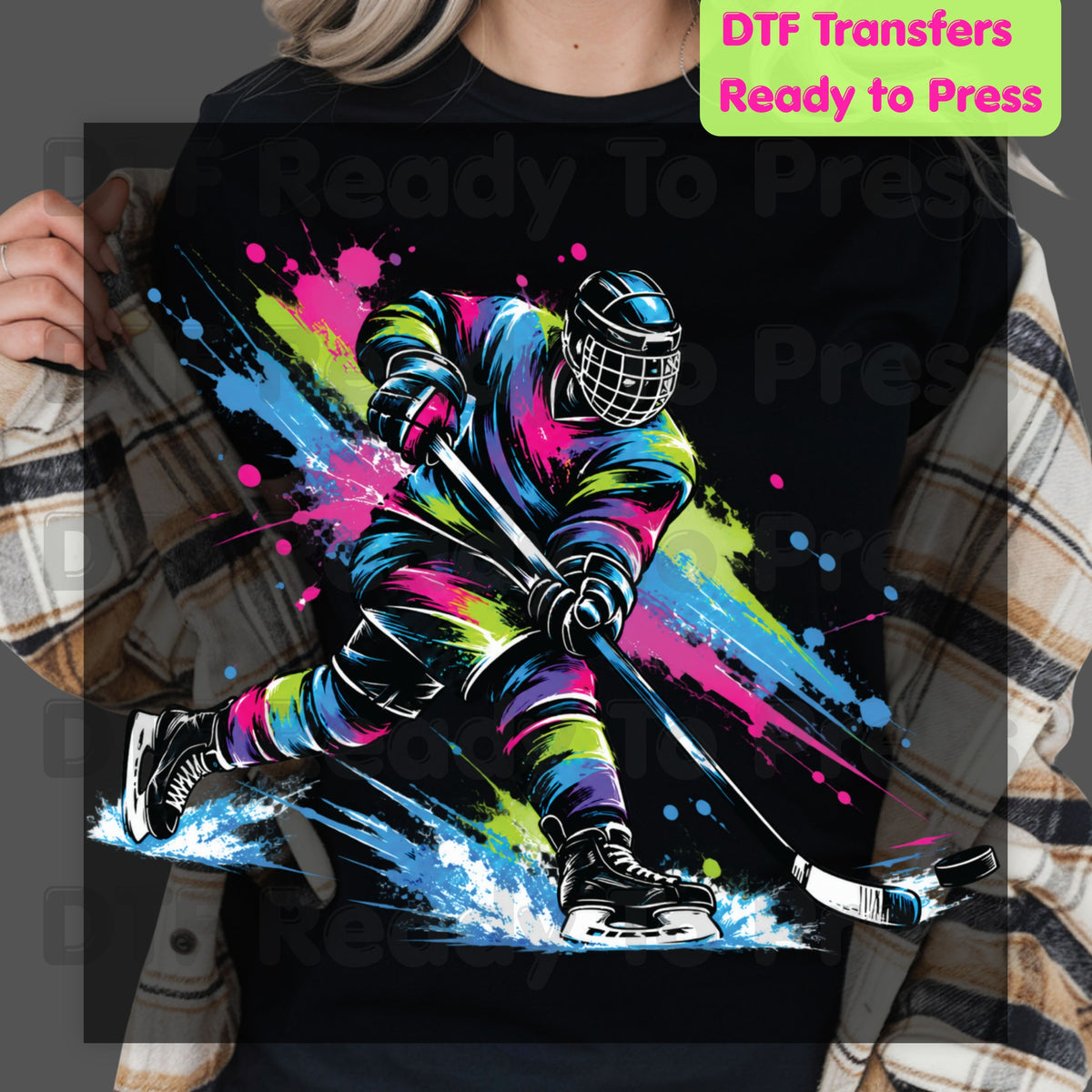 Hockey DTF Transfer, Colorful Ice Hockey Player with Paint Splatter Graphic