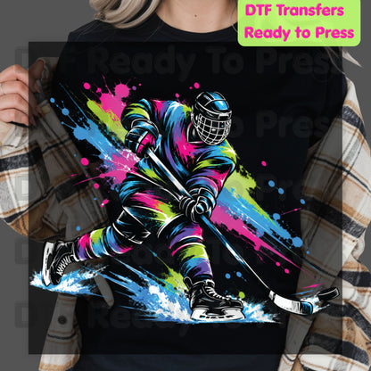 Hockey DTF Transfer, Colorful Ice Hockey Player with Paint Splatter Graphic