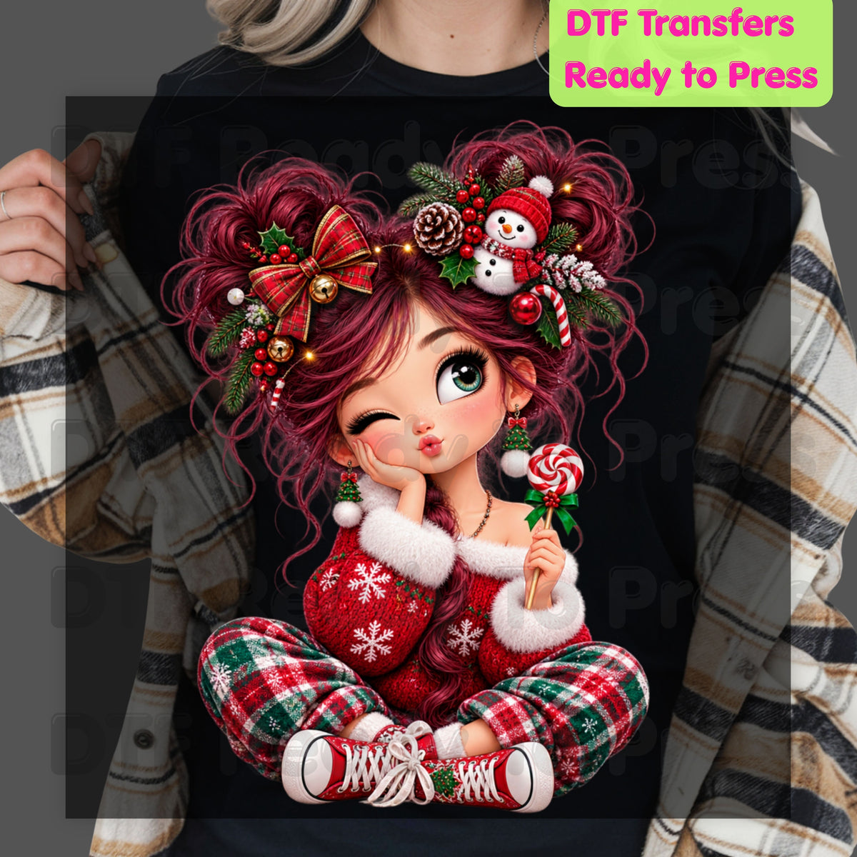 Christmas Girl DTF Transfers, Messy Bun Lollipop Cute Holiday Ready to Press