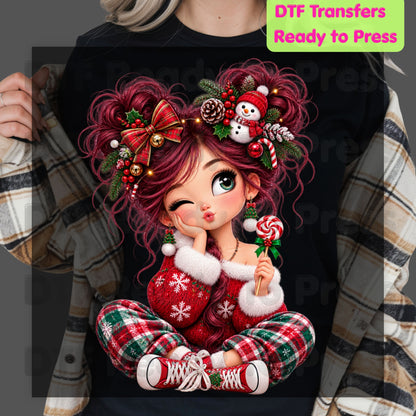 Christmas Girl DTF Transfers, Messy Bun Lollipop Cute Holiday Ready to Press