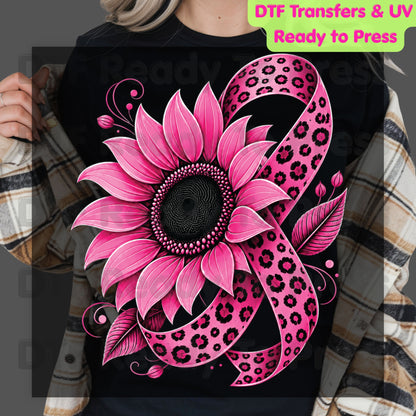 Pink Sunflower Leopard Ribbon Breast Cancer Awareness DTF Transfer Ready to Press Heat Transfer Survivor Tee