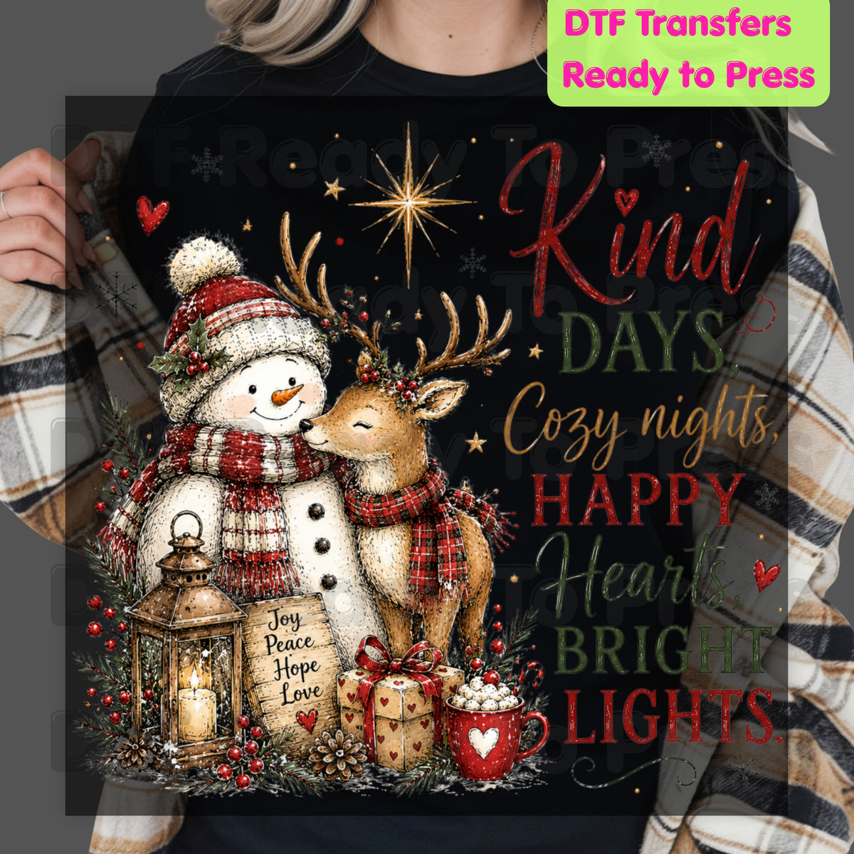 Kind Days Cozy Nights DTF Transfers, Snowman Reindeer Cute Christmas Holiday Ready to Press