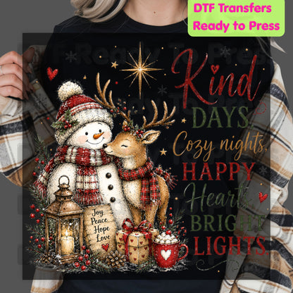 Kind Days Cozy Nights DTF Transfers, Snowman Reindeer Cute Christmas Holiday Ready to Press
