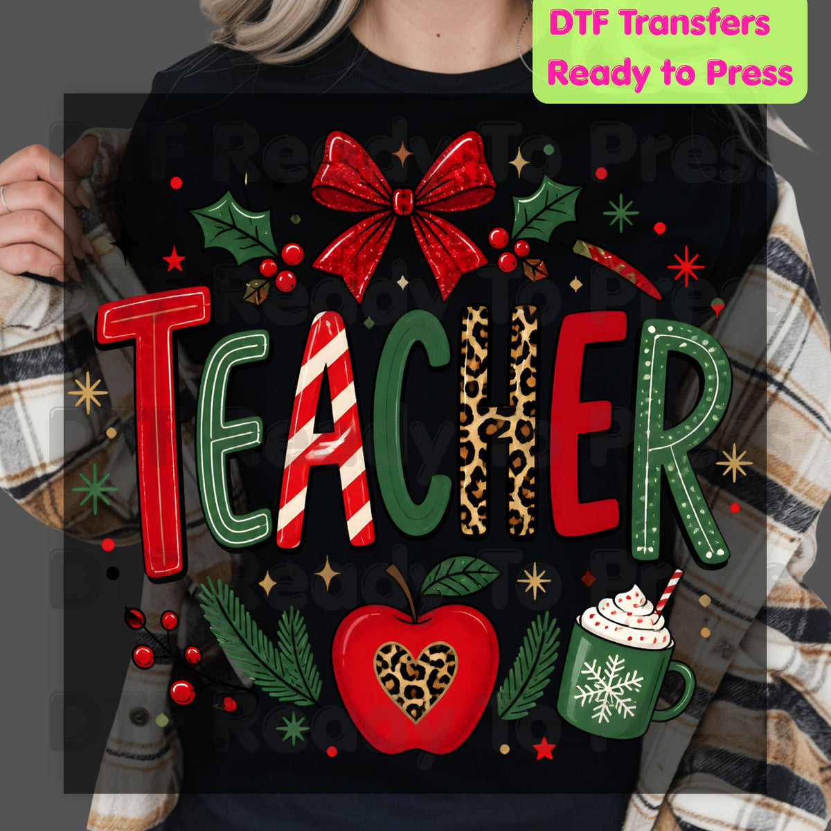 Christmas Teacher DTF Transfers, School Red Bow Apple Cocoa Leopard Holiday Ready to Press