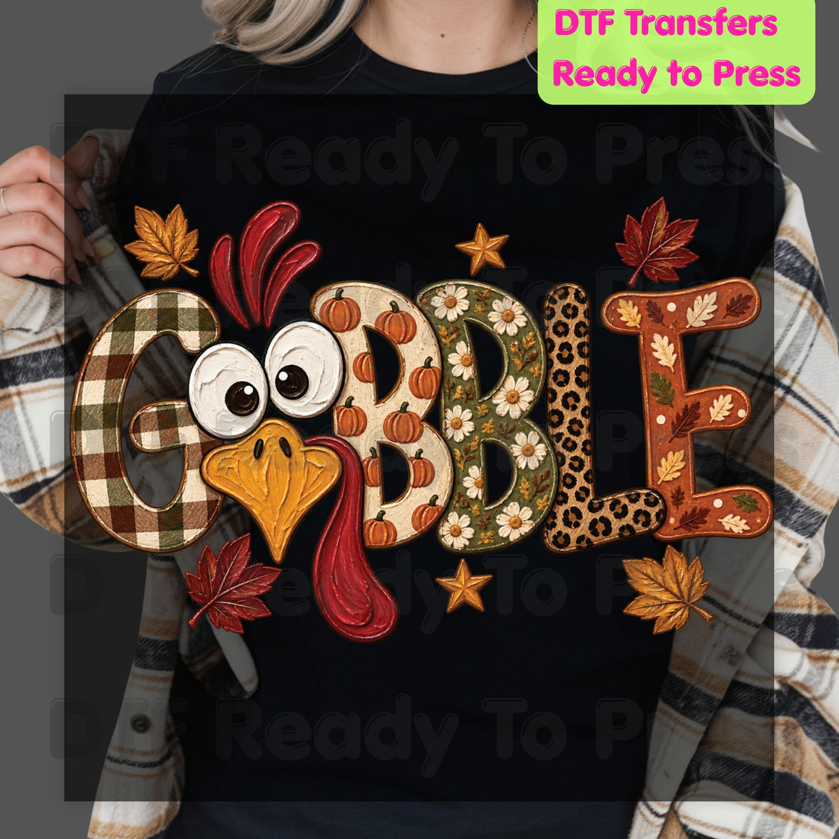 Thanksgiving DTF Transfer, Gobble Turkey Face, Plaid Leopard