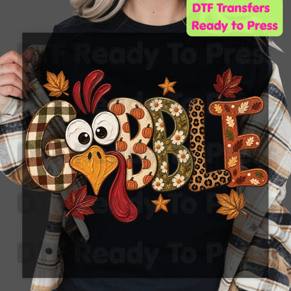 Thanksgiving DTF Transfer, Gobble Turkey Face, Plaid Leopard
