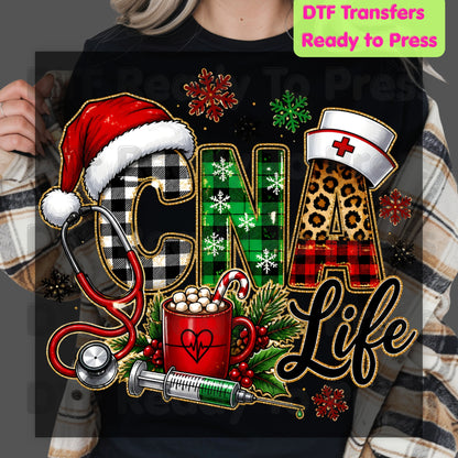 Christmas CNA Life DTF Transfers, Nursing Medical Leopard Plaid Stethoscope Holiday Ready to Press