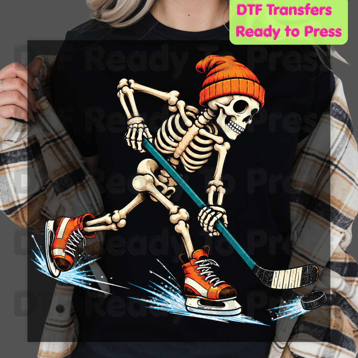 Hockey DTF Transfer, Skeleton in Beanie with Skates, Stick and Puck Graphic