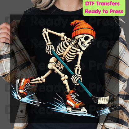Hockey DTF Transfer, Skeleton in Beanie with Skates, Stick and Puck Graphic