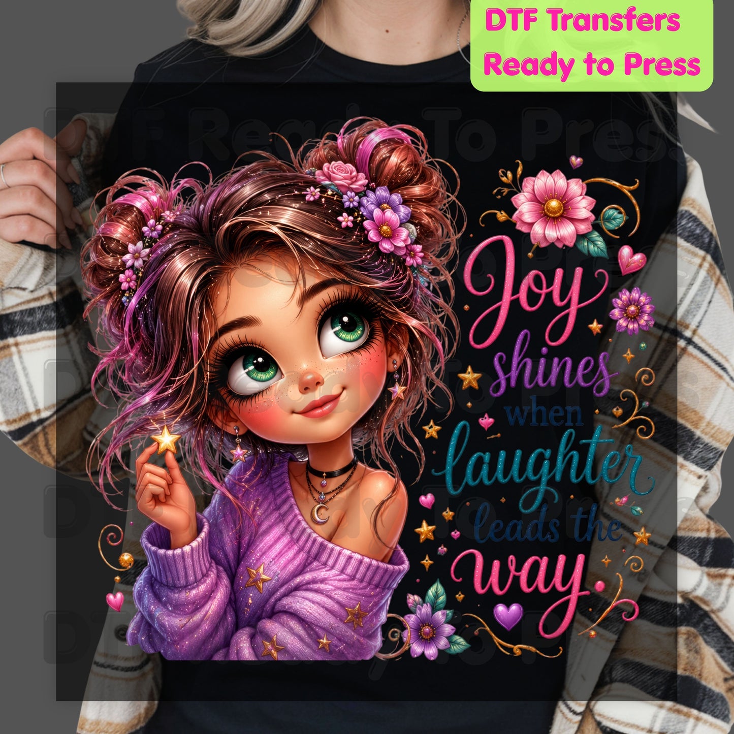 Joy Shines Laughter DTF Transfers, Cute Space Buns Girl Floral Quote Ready to Press