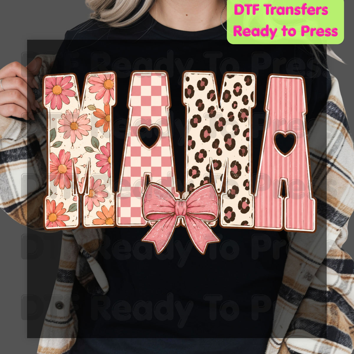 Mama DTF Transfers, Pink Daisy Floral Leopard Coquette Bow Retro Ready to Press