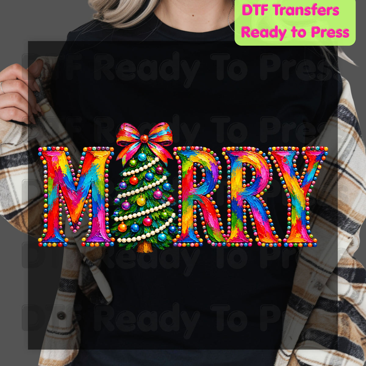 Merry Christmas Tree DTF Transfers, Colorful Painted Christmas Holiday Ready to Press
