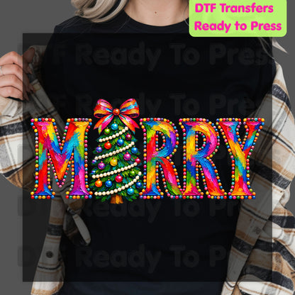 Merry Christmas Tree DTF Transfers, Colorful Painted Christmas Holiday Ready to Press