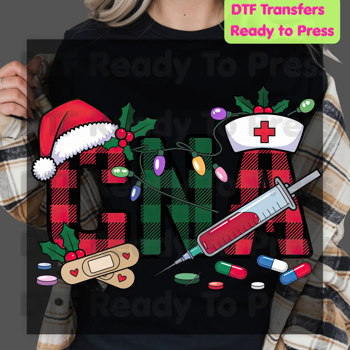 Christmas CNA Plaid DTF Transfers, Medical Nursing Syringe Holiday Lights Ready to Press