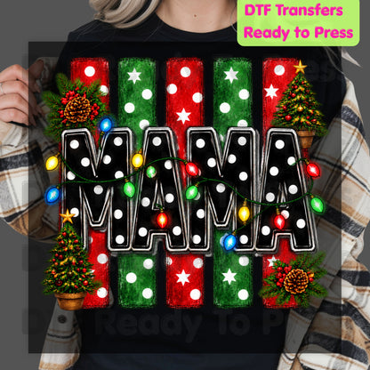 Christmas Mama DTF Transfers, Christmas Tree Lights Black Polka Dot Holiday Ready to Press