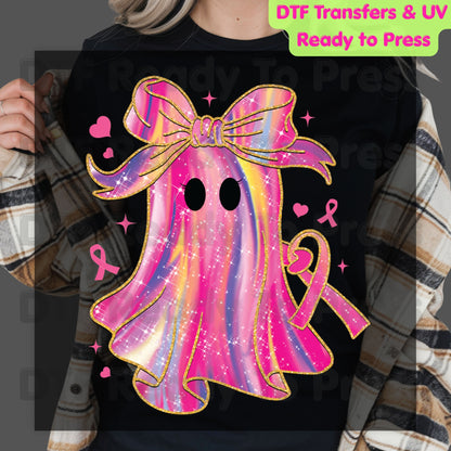 Glitter Pink Ghost Breast Cancer Awareness DTF Transfer Ready to Press Heat Transfer Bow Tee