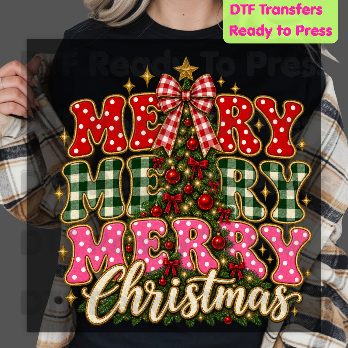Merry Merry Christmas Tree DTF Transfers, Plaid Polka Dot Pink Holiday Ready to Press