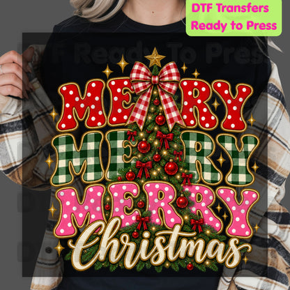 Merry Merry Christmas Tree DTF Transfers, Plaid Polka Dot Pink Holiday Ready to Press