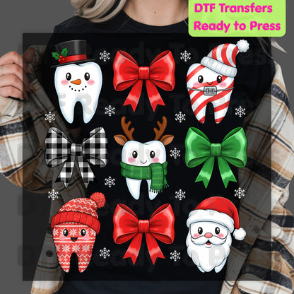 Christmas Dental Squad DTF Transfers, Dental Teeth Bow Santa Reindeer Holiday Ready to Press
