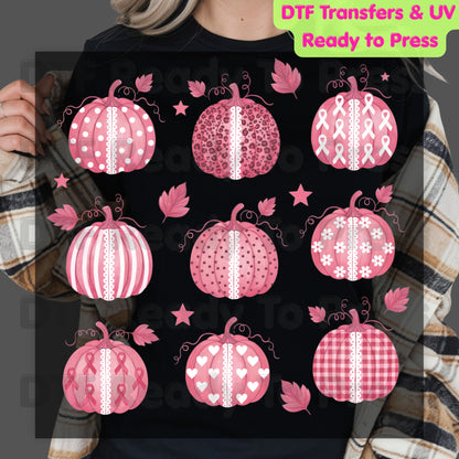 Pink Pumpkin Lace Breast Cancer Awareness DTF Transfer Ready to Press Fall Heat Transfer Tee