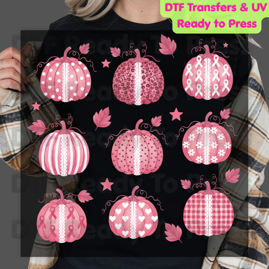 Pink Pumpkin Lace Breast Cancer Awareness DTF Transfer Ready to Press Fall Heat Transfer Tee