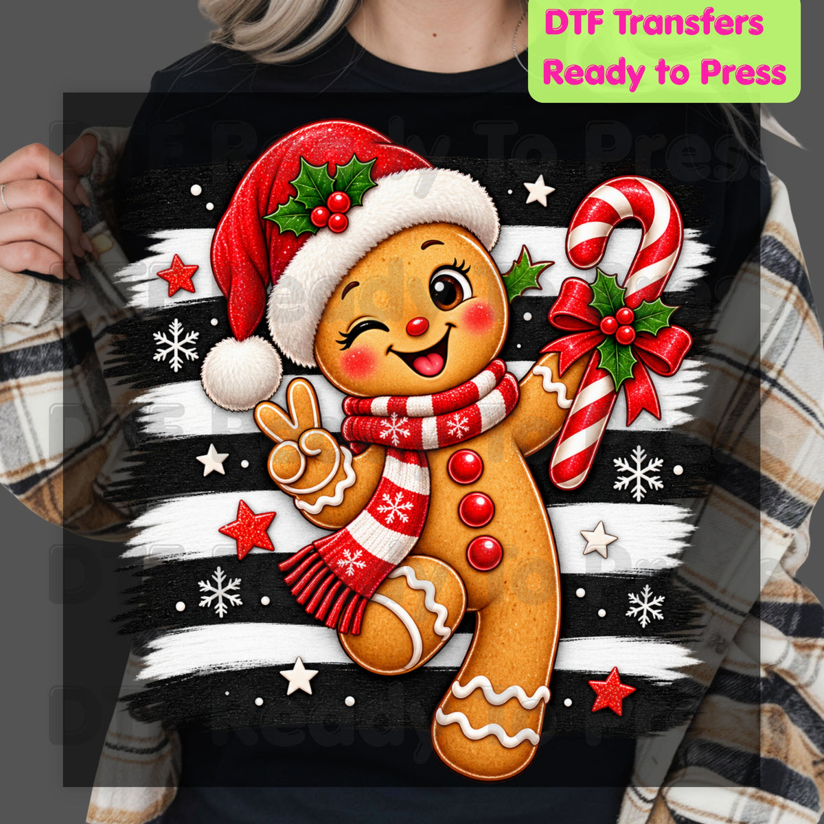 Gingerbread Man DTF Transfers, Candy Cane Santa Hat Black White Stripes Cute Christmas Ready to Press