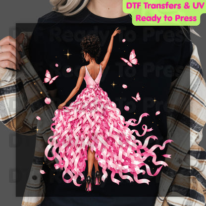 Black Woman Pink Ribbon Dress Breast Cancer Awareness DTF Transfer Ready to Press Heat Transfer Survivor Tee