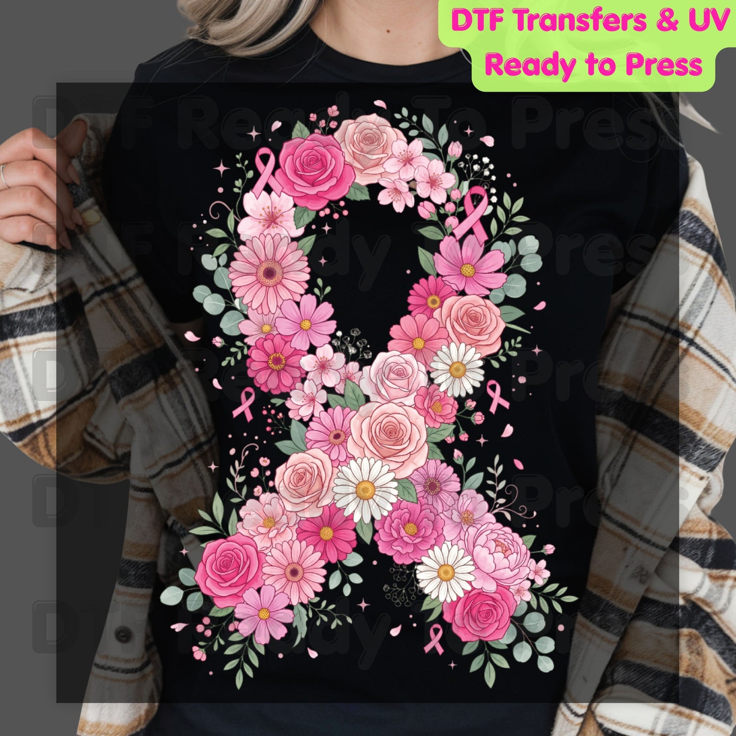 Floral Pink Ribbon Breast Cancer Awareness DTF Transfer Ready to Press Heat Transfer Survivor Tee