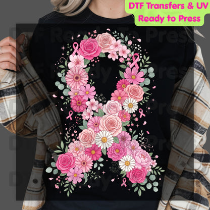 Floral Pink Ribbon Breast Cancer Awareness DTF Transfer Ready to Press Heat Transfer Survivor Tee