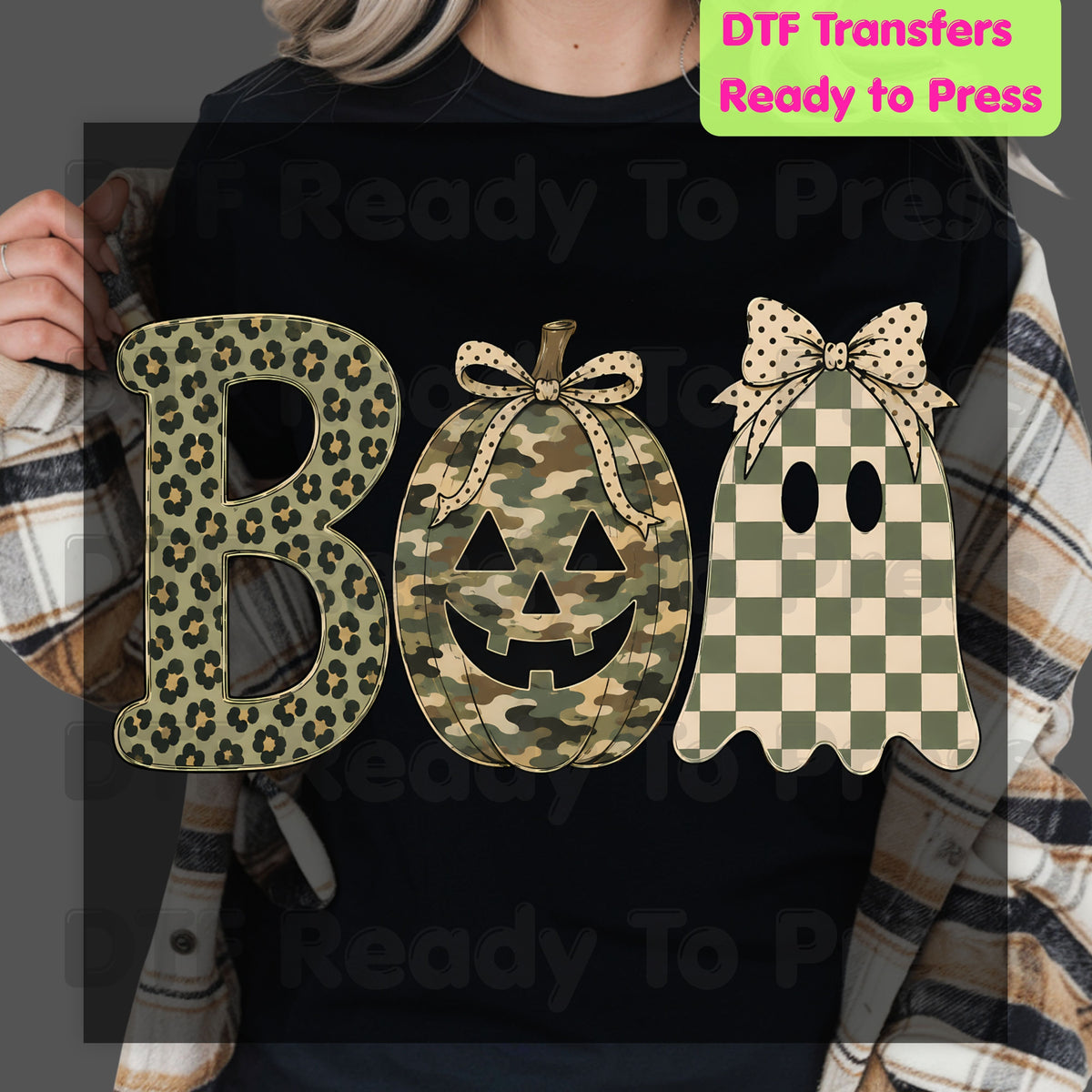 Halloween Camo Pumpkin DTF Transfers, Boo Ghost Leopard Checkered Coquette Bow Spooky Ready to Press