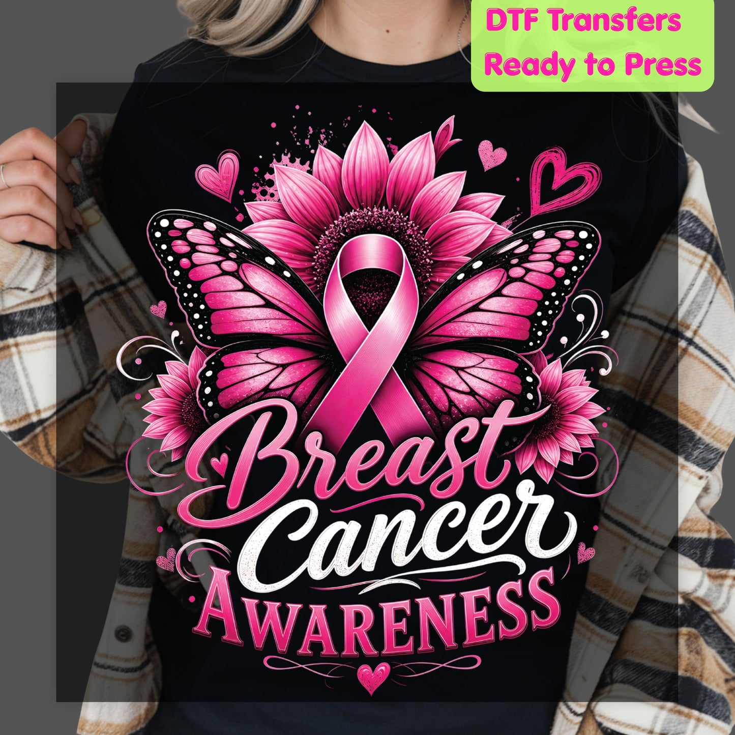Breast Cancer Awareness Pink Butterfly Sunflower DTF Transfer Ready to Press Heat Transfer Tees
