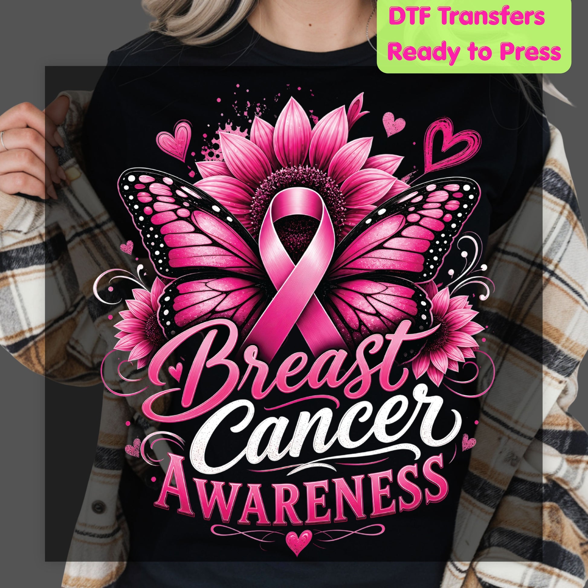 Breast Cancer Awareness Pink Butterfly Sunflower DTF Transfer Ready to Press Heat Transfer Tees
