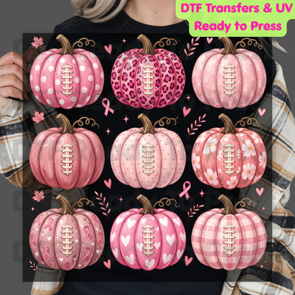 Pink Pumpkin Football Breast Cancer Awareness DTF Transfer Ready to Press Heat Transfer Sports Tee