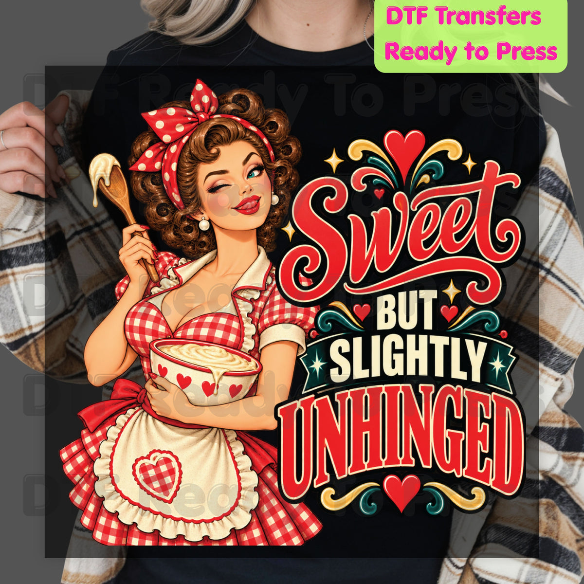Retro DTF Transfer, Sweet but Slightly Unhinged Pinup Girl Baking Graphic