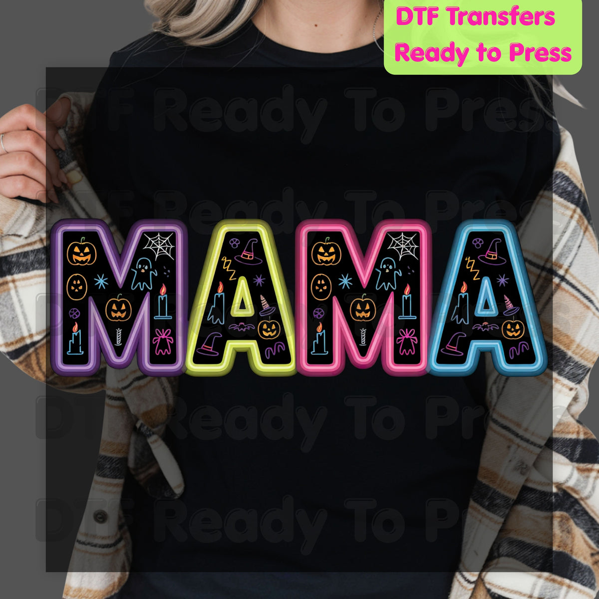 Halloween Mama DTF Transfers, Neon Spooky Doodle Ghost Pumpkin Witch Hat Ready to Press