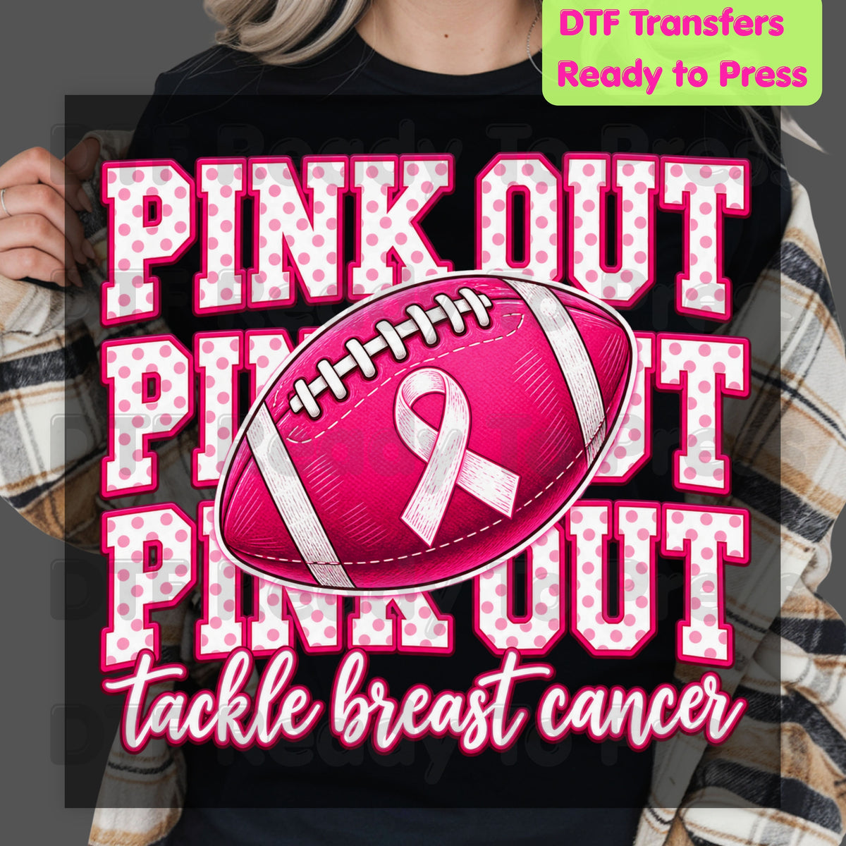 Pink Out DTF Transfers, Tackle Breast Cancer Awareness Football Polka Dot Pink Ready to Press