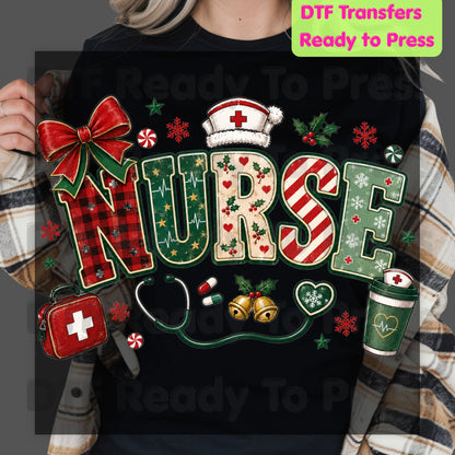 Christmas Nurse DTF Transfers, Medical Nursing Plaid Stethoscope Bow Holiday Ready to Press