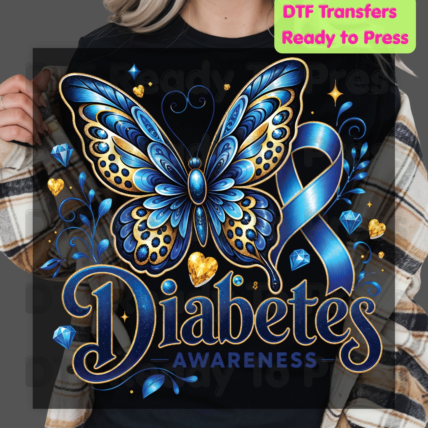 Diabetes Awareness DTF Transfer Ready to Press Blue Butterfly Ribbon Gold Gems Heat Transfer Tee Print Direct to Film Transfer